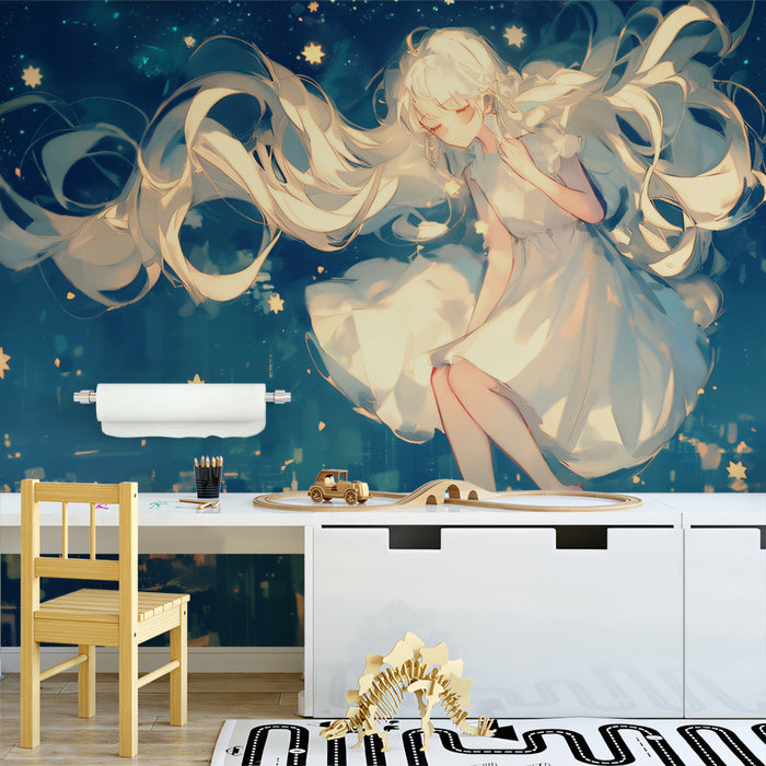 Starry Fantasy Girl Mural Wallpaper | Dark Blue, Gold, Multicolored