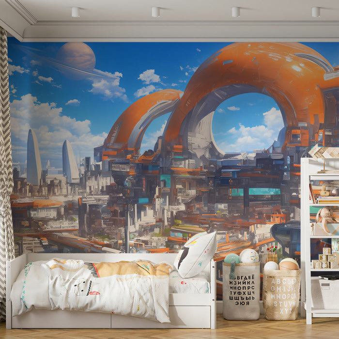 Futuristic Cityscape Mural Wallpaper | Blue, Orange, Multicolored