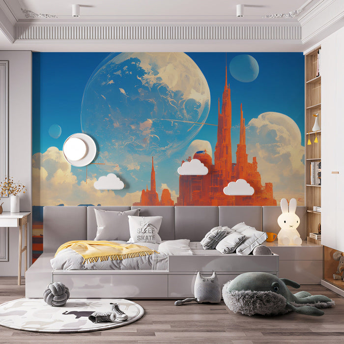 Celestial Castle Mural Wallpaper | Blue, Orange, White