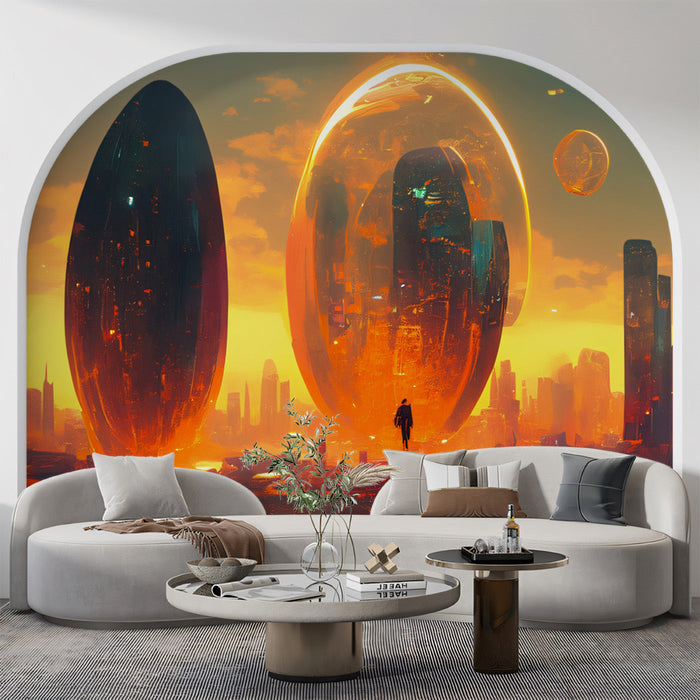 Futuristic Urban Sphere Mural Wallpaper | Orange, Blue, Yellow