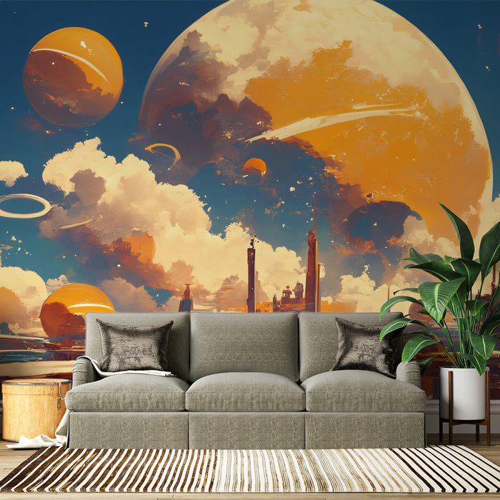 Celestial Cloudscape Mural Wallpaper | Blue, Orange, White