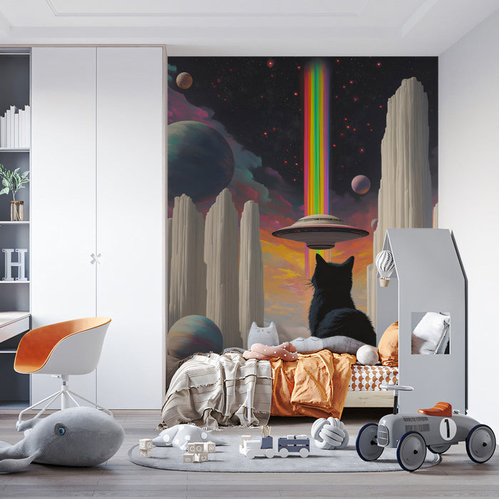 Alien Landscape with Cat Mural Wallpaper | Multicolored, Black