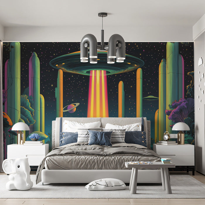 UFO and Cactus Mural Wallpaper | Multicolored, Dark Blue