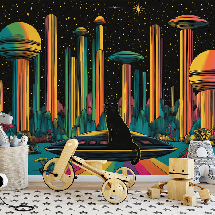 Cosmic Cat and UFO Mural Wallpaper | Multicolored, Black
The content and the effect of this wallpaper: The wallpaper features