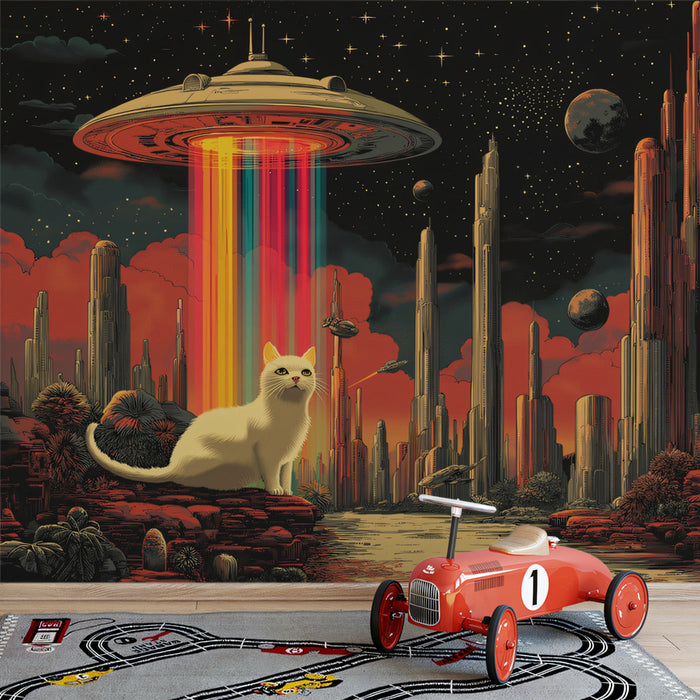 Cosmic Cat and UFO Adventure Mural Wallpaper | Multicolored, Black, Red