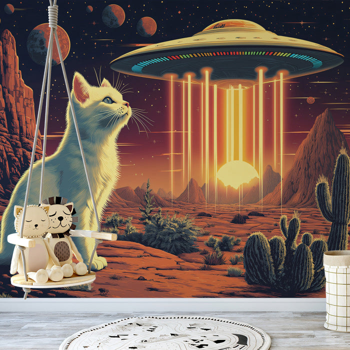 Cosmic Cat and UFO Adventure Mural Wallpaper | Multicolored, Black, Red