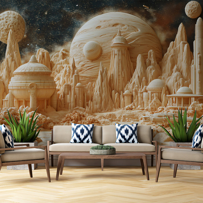 Sandy Planet Settlement Mural Wallpaper | Beige, Brown, Black