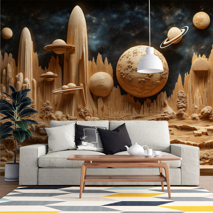 Sandy Planet Settlement Mural Wallpaper | Beige, Brown, Black