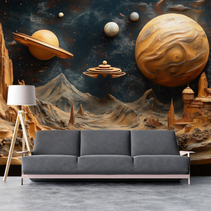 Sandy Planet Settlement Mural Wallpaper | Beige, Brown, Black