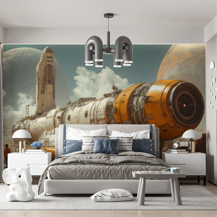 Spaceship Odyssey Mural Wallpaper | Orange, Blue, Gray
