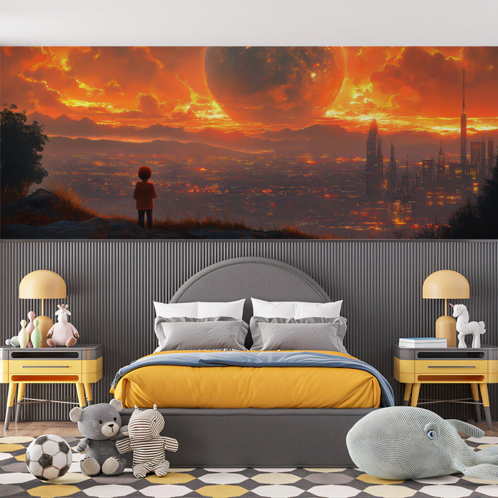 Sunset on Alien City Mural Wallpaper | Orange, Red, Black