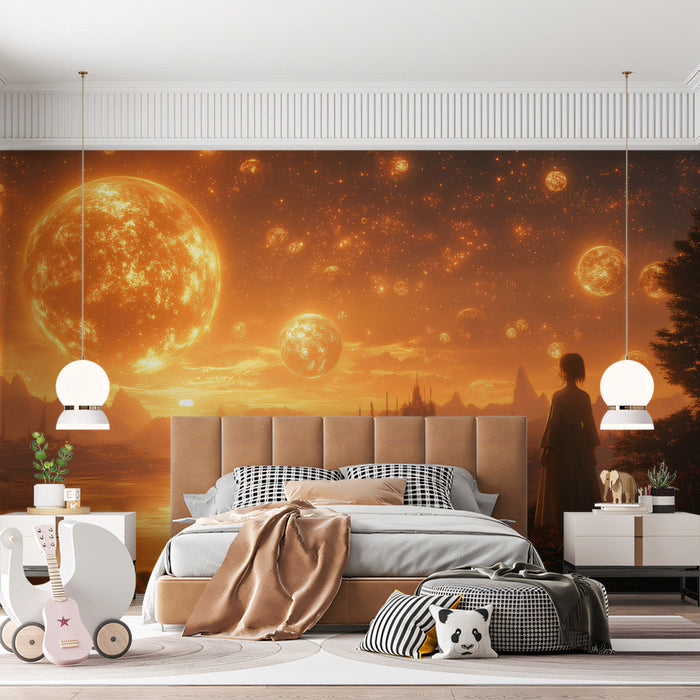 Stellar Reverie Mural Wallpaper | Orange, Gold, Black