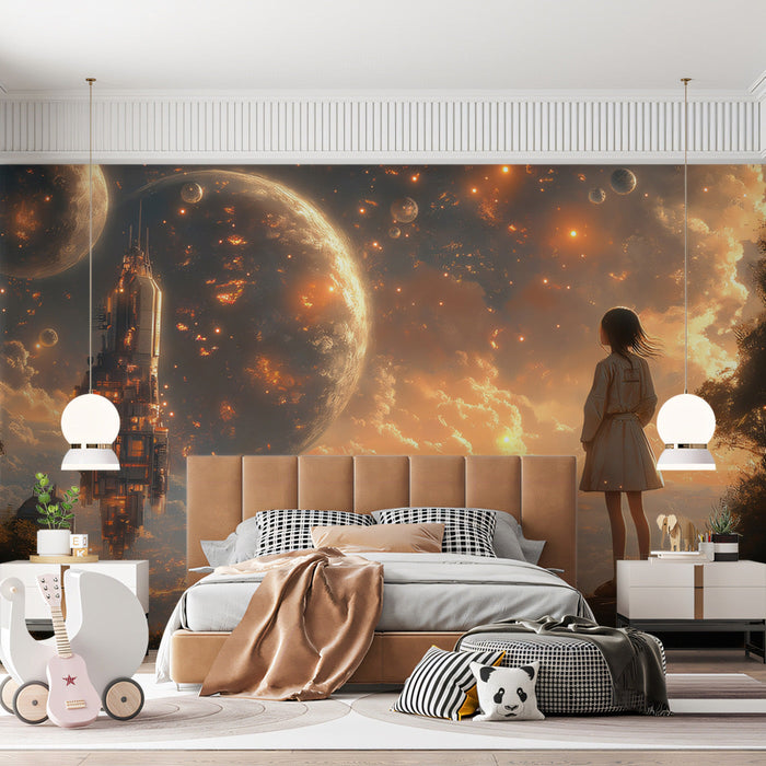 Stellar Reverie Mural Wallpaper | Orange, Gold, Black