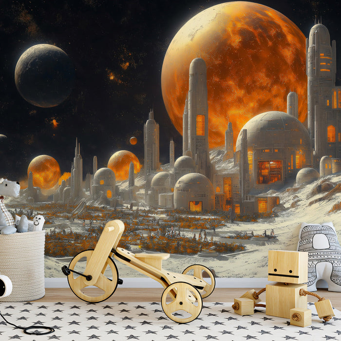 Lunar Cityscape Adventure Mural Wallpaper | Orange, Gray, Black