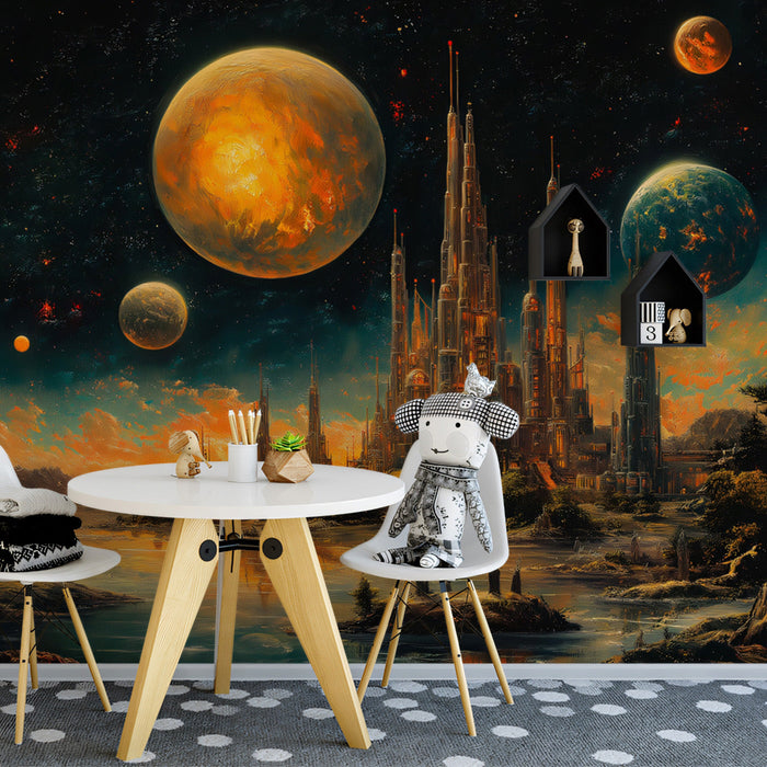 Celestial Castle Fantasy Mural Wallpaper | Orange, Blue, Green