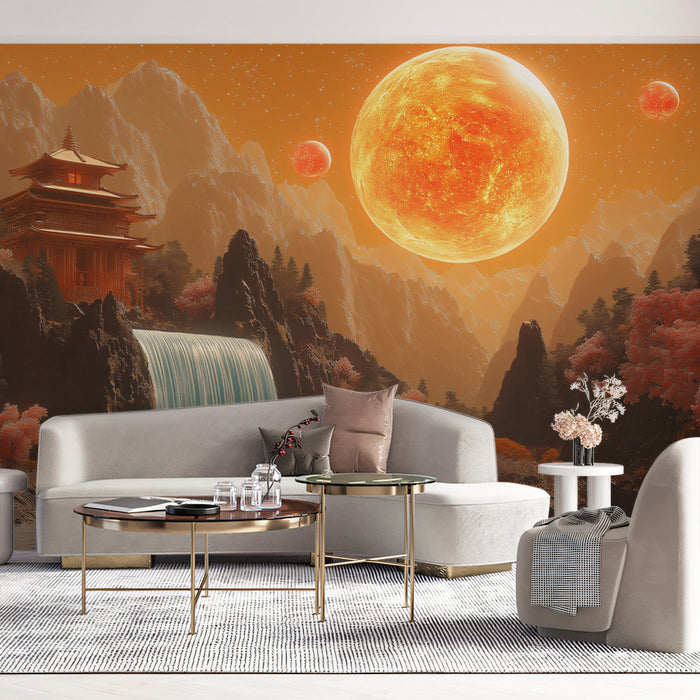 Oriental Cosmic Landscape Mural Wallpaper | Orange, Red, Brown