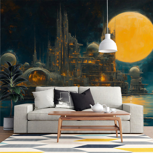 Galactic Metropolis Mural Wallpaper | Yellow, Blue, Black