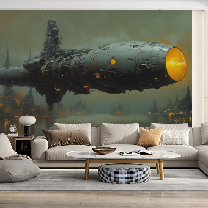 Gigantic Space Vessel Mural Wallpaper | Green, Yellow, Dark Gray