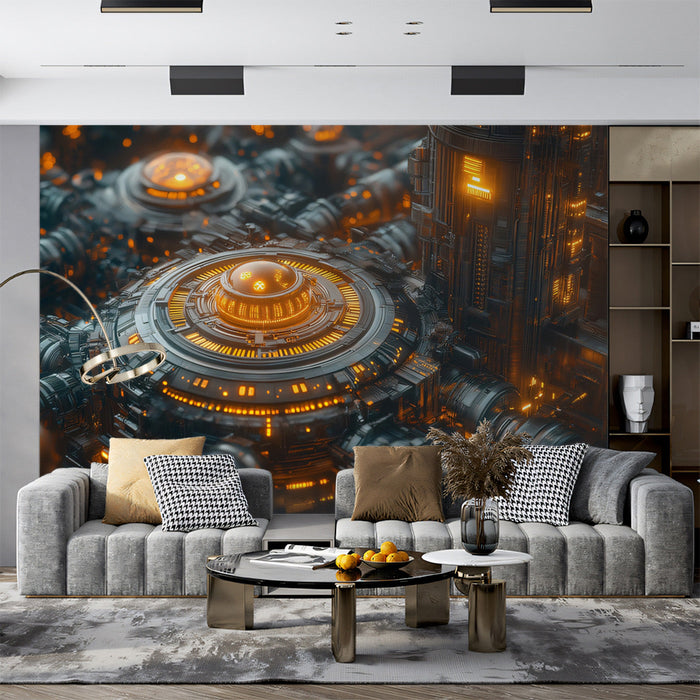 Technological Core Mural Wallpaper | Orange, Gray, Black
