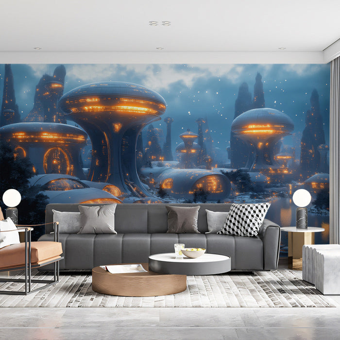 Luminous Alien City Mural Wallpaper | Blue, Orange, Black