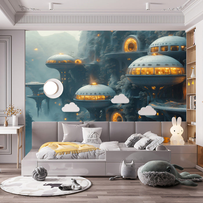 Luminous Alien City Mural Wallpaper | Blue, Orange, Black
