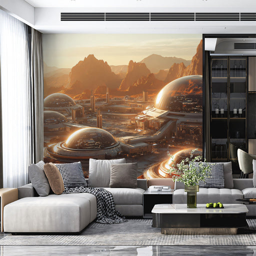 Desert Planet Outpost Mural Wallpaper | Orange, Brown, Gray