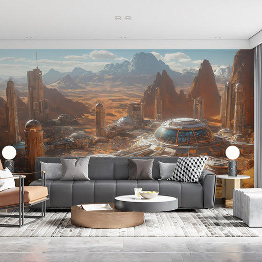 Desert Planet Outpost Mural Wallpaper | Orange, Brown, Gray