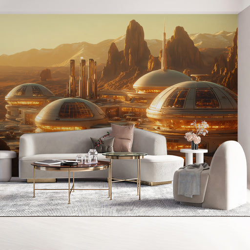 Desert Planet Outpost Mural Wallpaper | Orange, Brown, Gray