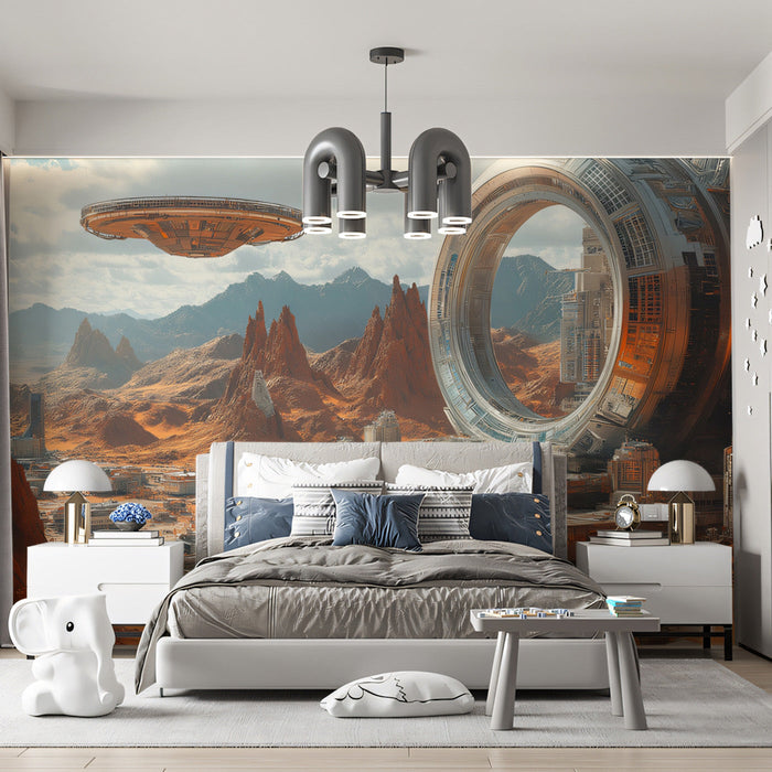 Alien Landscape with UFO Mural Wallpaper | Brown, Blue, Orange