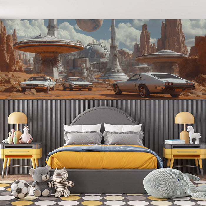 Futuristic Desert City Mural Wallpaper | Orange, Gray, Blue