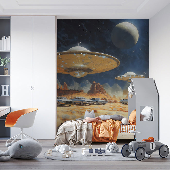 Futuristic Desert City Mural Wallpaper | Orange, Gray, Blue