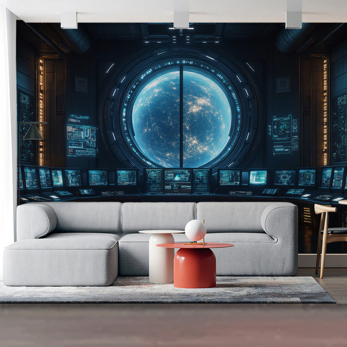 Space Station View Mural Wallpaper | Blue, Black, White