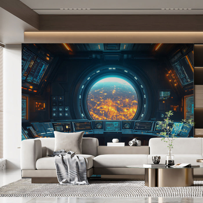 Space Station View Mural Wallpaper | Blue, Black, White