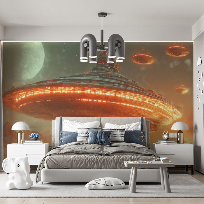 UFO Invasion Mural Wallpaper | Orange, Green, Black