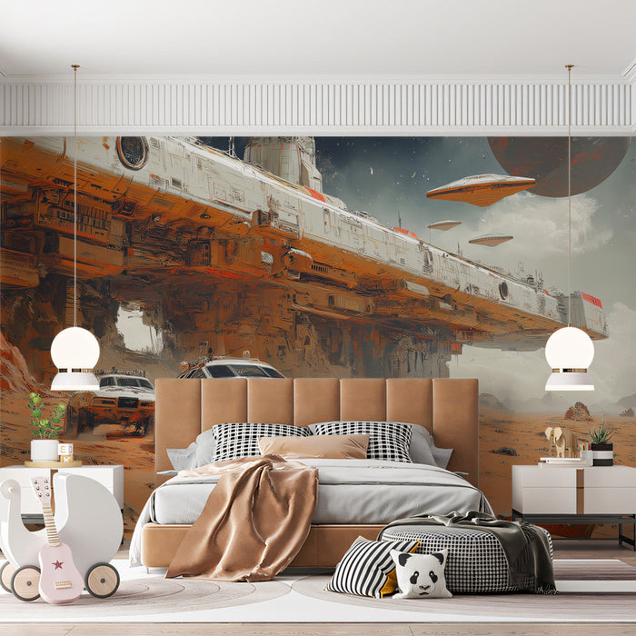 UFO Invasion Mural Wallpaper | Orange, Green, Black