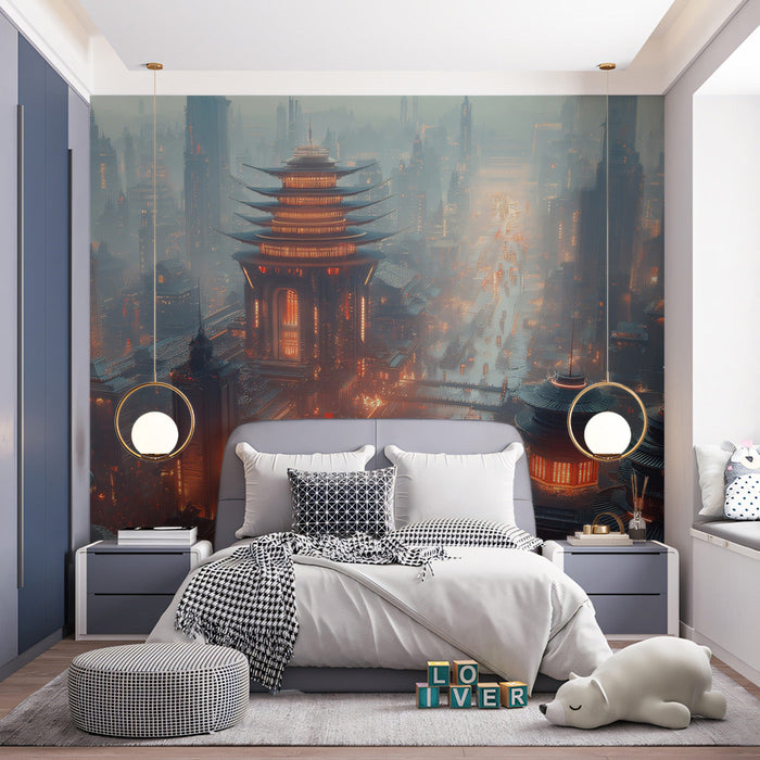 Cybernetic Pagoda Mural Wallpaper | Blue - Green, Orange, Black