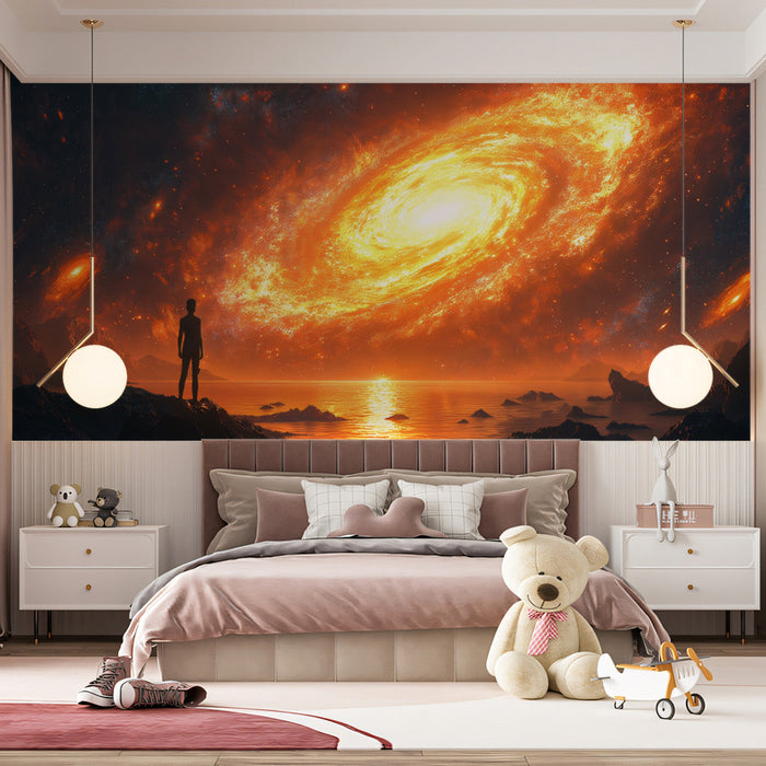 Cosmic Solitude Mural Wallpaper | Orange, Black, White