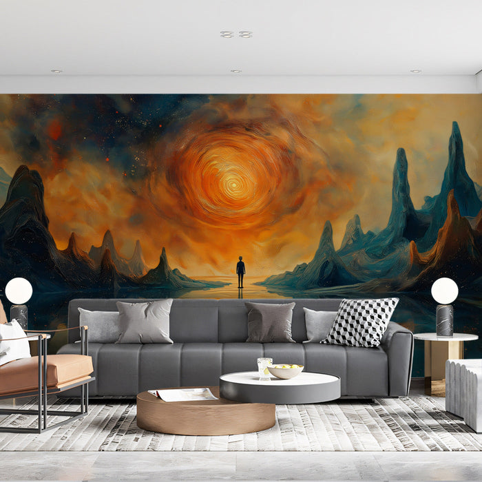 Cosmic Solitude Mural Wallpaper | Orange, Black, White