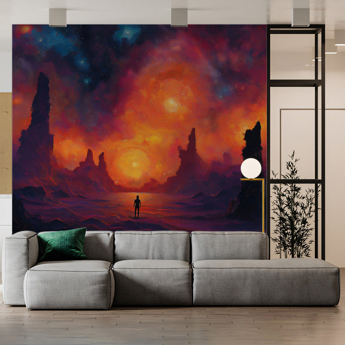 Cosmic Solitude Mural Wallpaper | Orange, Black, White