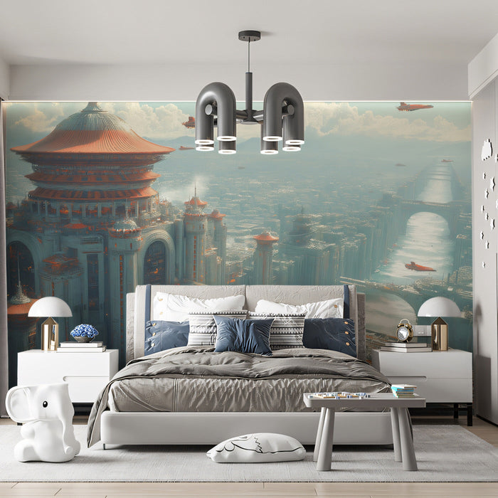 Celestial Metropolis Mural Wallpaper | Blue, Orange, White