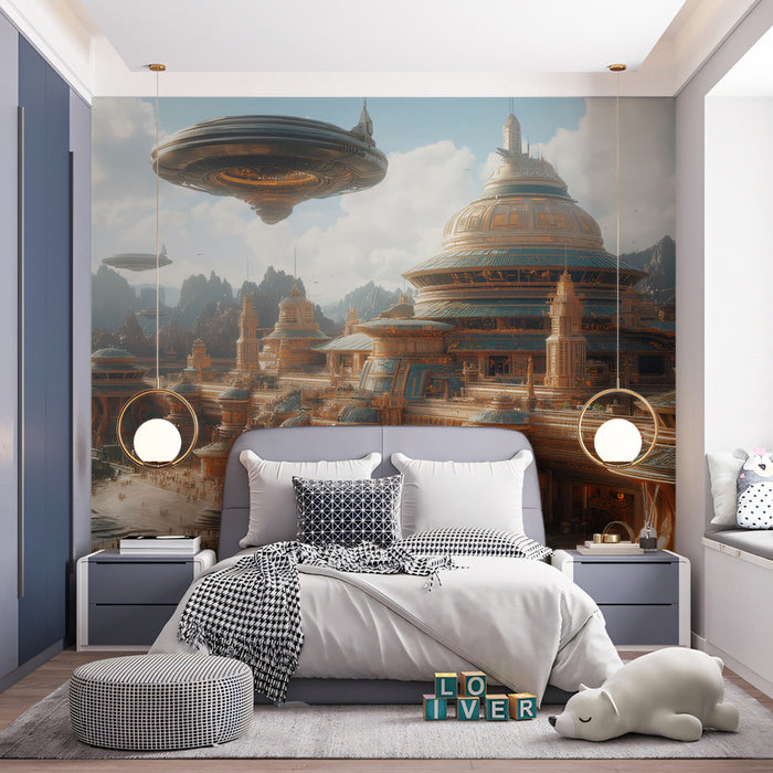 Alien Oasis Metropolis Mural Wallpaper | Green, Orange, Blue