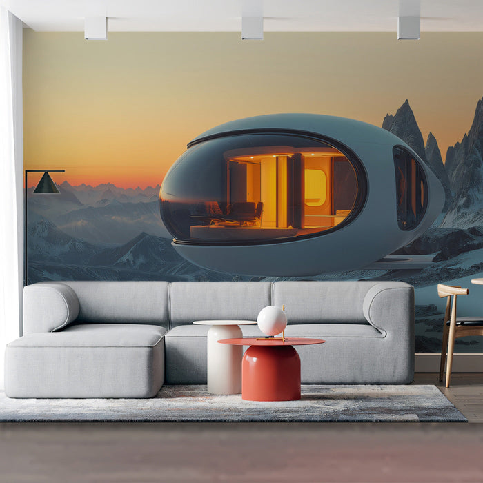 Futuristic Mountain Retreat Mural Wallpaper | Blue, Orange, Gray Dwelling