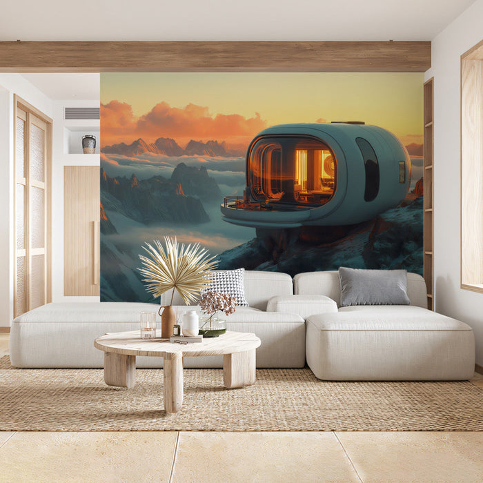 Futuristic Mountain Retreat Mural Wallpaper | Blue, Orange, Gray Dwelling