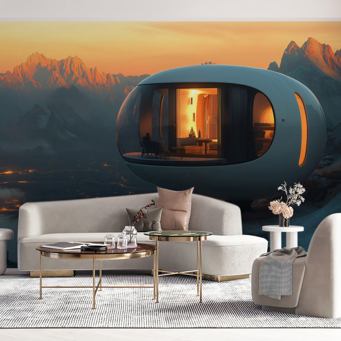 Futuristic Mountain Retreat Mural Wallpaper | Blue, Orange, Gray Dwelling