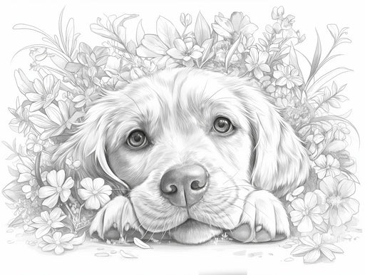 Golden Retriever Mural Wallpaper | Black - and - White with Floral Elements