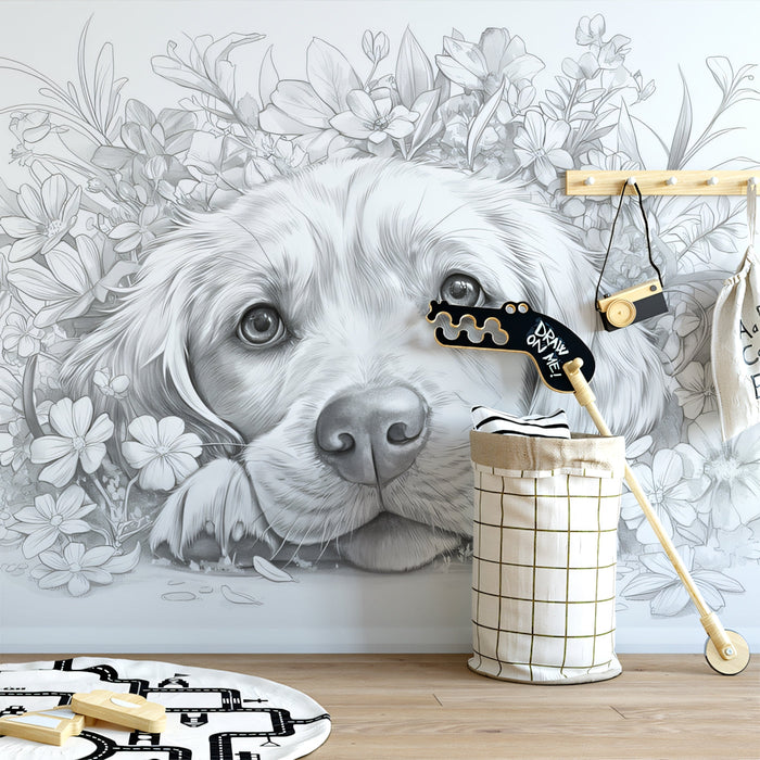 Golden Retriever Mural Wallpaper | Black - and - White with Floral Elements