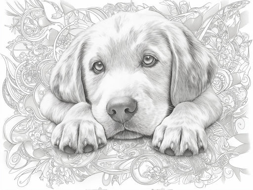 Golden Retriever Mural Wallpaper | Black - and - White with Floral Elements