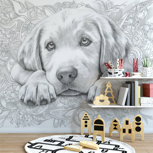 Golden Retriever Mural Wallpaper | Black - and - White with Floral Elements