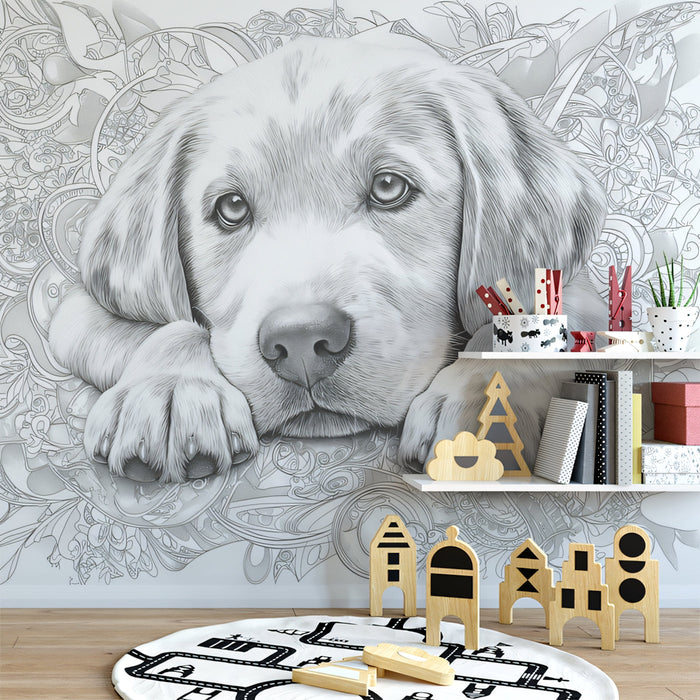Golden Retriever Mural Wallpaper | Black - and - White with Floral Elements