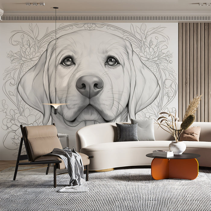 Golden Retriever Mural Wallpaper | Black - and - White with Floral Elements